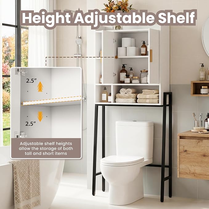 31" W Over The Toilet Storage Cabinet with Fluted Door,Bathroom Organizers and Storage with Adjustable Shelves, Mordern Over Toilet Organizer for Bathroom,Restroom,Laundry,White