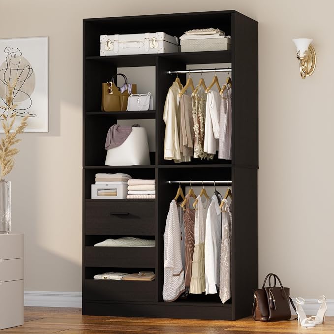 36 Inches Modular Closet Drawers System, 3FT Wood Closet Organiser with Closed & Half-Open Drawers, Walk-in Freestanding Wardrobe Storage Cabinet with 6 Shelves, Black (36"L x 15" W x 80" H)