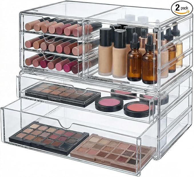 Acrylic Makeup Organizer with 6 Drawers, 11" Stackable Office Desk Organizer Accessories, Clear Bathroom Storage Drawers for Makeup Palettes, Cosmetics, Vanity, Art Craft Supplies