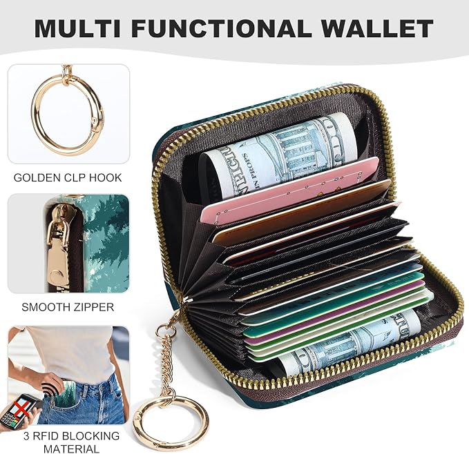 Credit Card Holder for Women,Small Rfid Wallet with Keychain Zipper,Cute PU Leather Card Case Wallet，Accordion Credit Card Wallets Gift,Forest Silhouette
