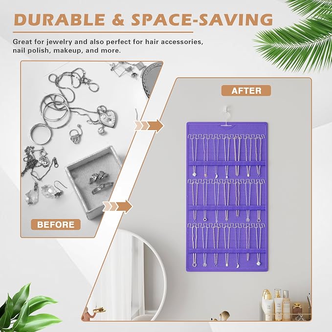 Hanging Jewelry Organizer, Double-Sided Necklaces Holder, Purple | 42 clear pockets organize rings & earrings; 36 wire necklace hooks reduce tangles; top hook hangs in closets, walls or doors.