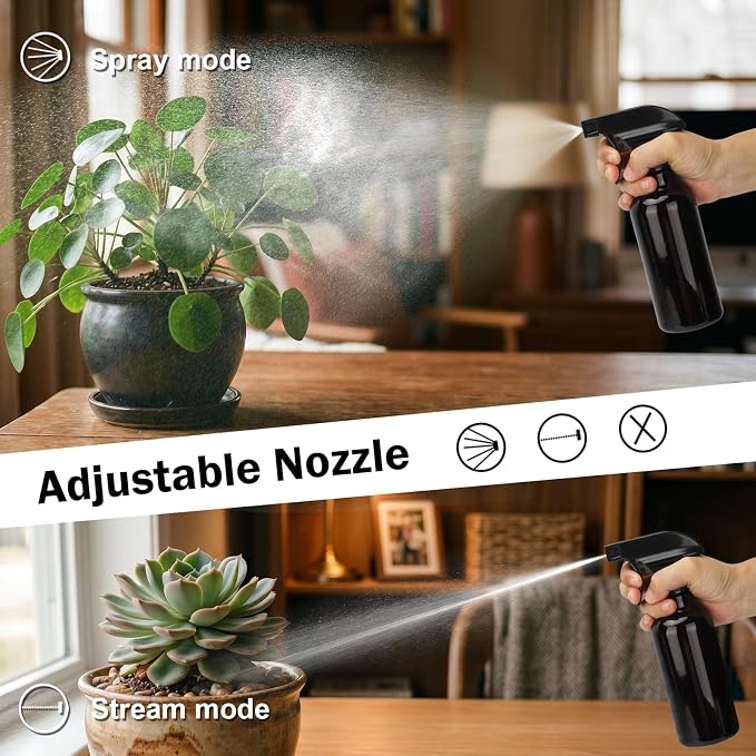 12oz Glass Spray Bottles 2 Pack, 360° Any-Angle Spraying | Refillable Leak-proof Bottles with Adjustable Nozzle; Ideal for Cleaning, Essential Oils, Plants & Hair Care