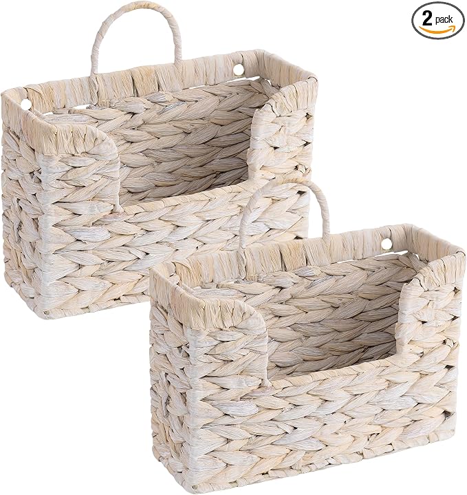 Set of 2 Magazine Holder Wall Basket Water Hyacinth Woven Mail Organizer, Wicker Wall Hanging Baskets for Magazines, Letters & Storage Decorative Mail Holder, Magazine Rack, Hanging Basket, Whitewash