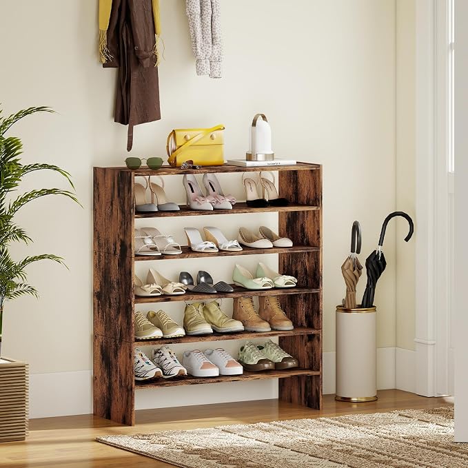 COSTWAY 6-Tier Shoe Rack, Extra Wide Shoe Shelf Organizer with Stackable Design, 31" Freestanding Adjustable Storage Shoe Stand for Small Space Entryway Hallway Closet (1,Rustic Brown)