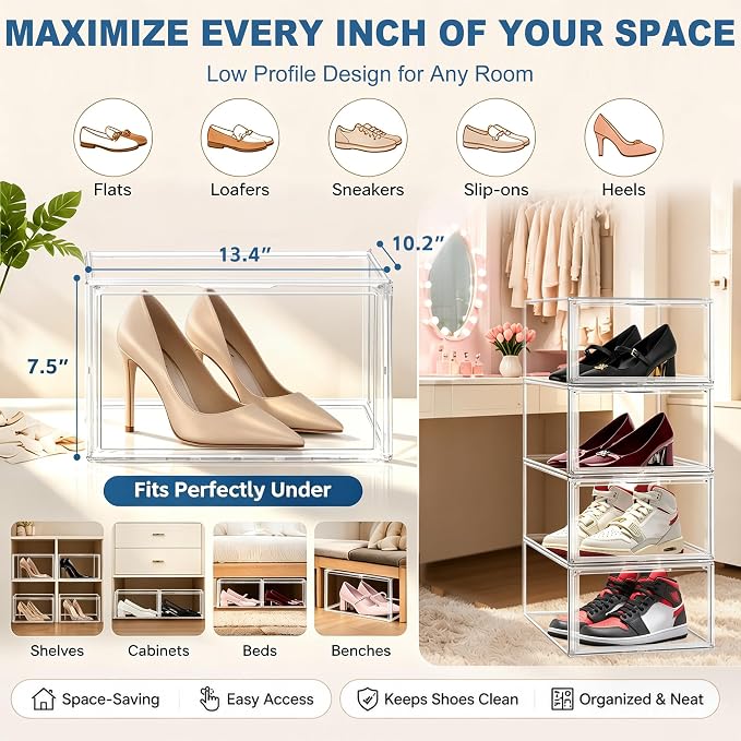 Low Profile Clear Shoe Storage Box for Flats,Loafers &Small Spaces | Space-saving 7.6-inch height fits under shelves &cabinets.Ideal for flats,loafers,slip-ons&compact living.1 Pack Fit Size 12