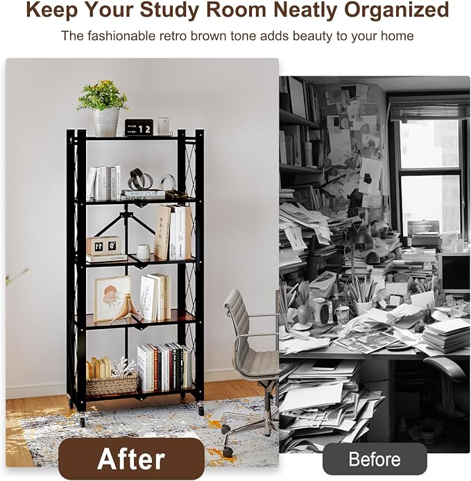 5 Tier Folding Shelf with Wheels, Wood and Metal Bookshelf, no Assembly Foldable Storage Shelves, Vintage Storage Rack for Living Room, Bedroom, and Home Office