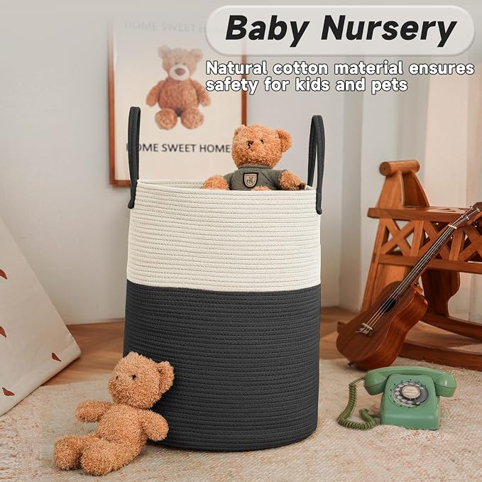 JMvicyroam Large Woven Laundry Basket Hamper,100L Cotton Rope Storage Bin for Blankets,Toys and Clothes,Decorative Tall Nursery Hamper for Living Room,Baby Nursery,Bathroom and Bedroom,White and Black