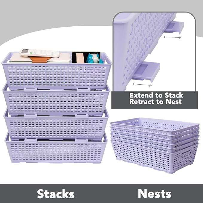 Tiawudi Stackable Woven Plastic Basket, Storage Bins for Cabinet, Closet, Shelf, Under Sink and Countertop, Pantry Organizer Bins, 6 Pack
