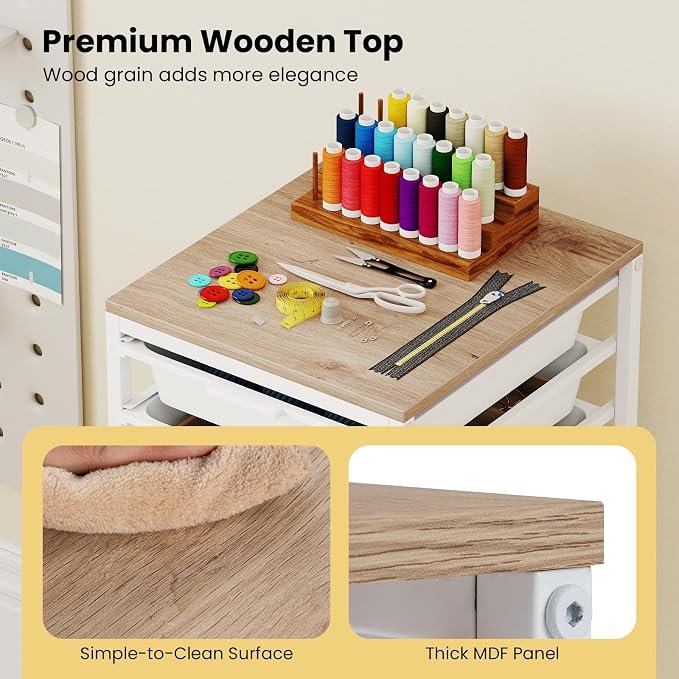 LDAILY Rolling Cart with Drawers, 10 Drawer Rolling Storage Cart with Wooden Tabletop, Metal Frame & Lockable Wheels, Craft Organizers and Storage for Home Office Classroom (White, 10-Drawer Small)