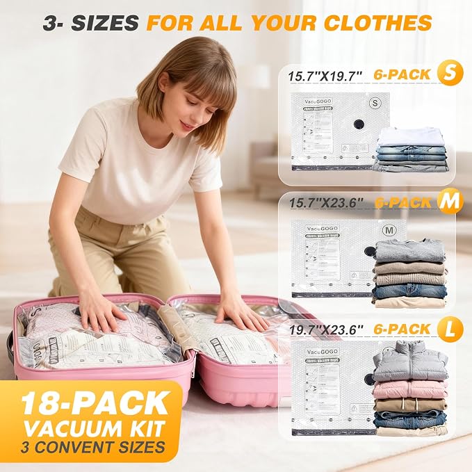 Vacuum Bags for Travel with Rechargeable Pump, 18 Pack Compression Packing Bags with 35KPA Electric Pump, 80% Space Saver for Clothes, Vacuum Seal Bags fo Carry-on Luggage Suitcase