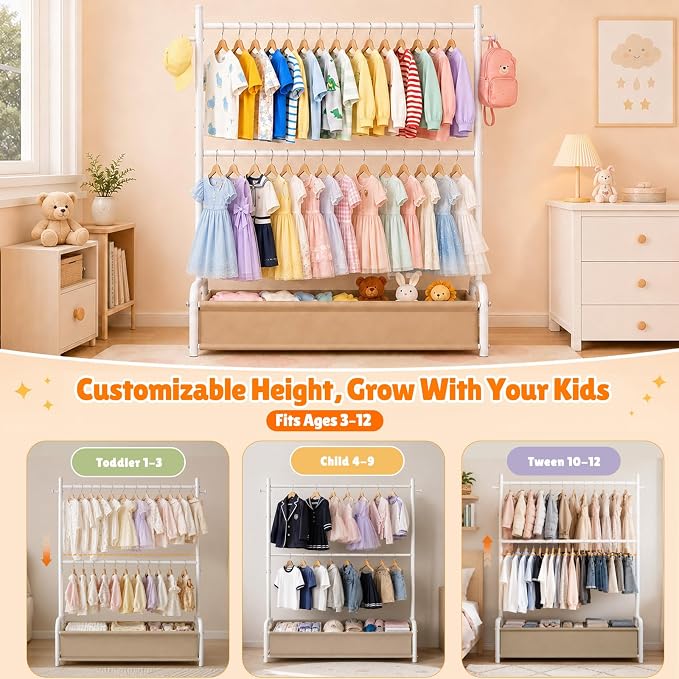 Kids Clothing Rack with Double Rod, Storage Basket & Hooks, Height Adjustable Kids Clothes Rack, Portable Baby Dress Up Garment Rack for Princess Dresses, White