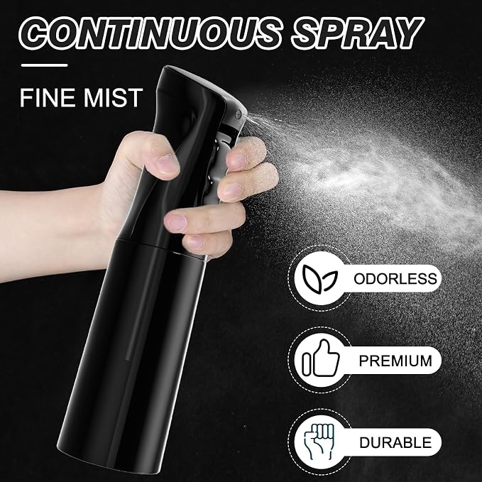 IMPORX Continuous Spray Bottle for Hair 2 Pack (10.1oz/300ml) Black | Empty Plastic Ultra Fine Mist Misting Water Mister Spray Bottles for Cleaning Hairstyling Barber Curly Hair Garden Plants
