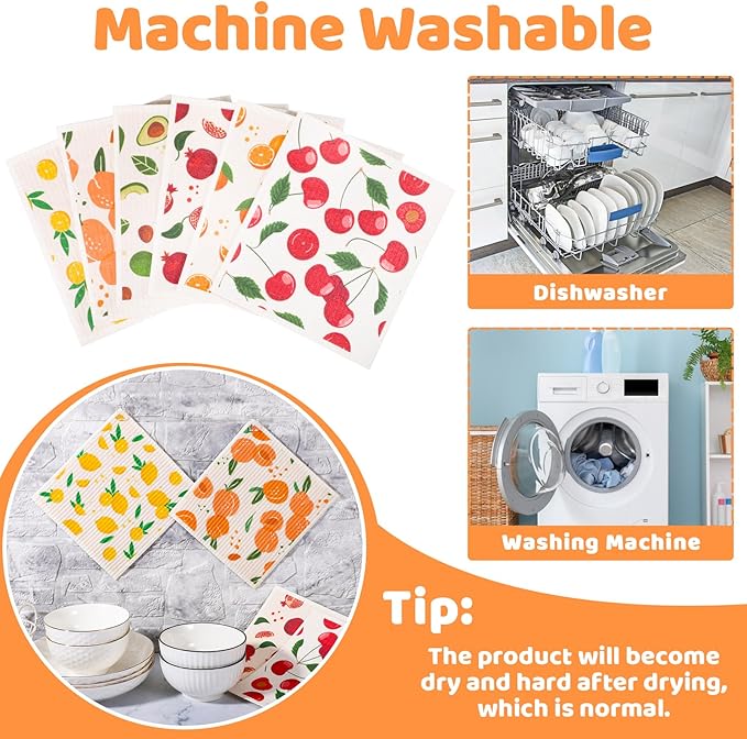Needbrock 6 Pack Fruit Swedish Dishcloths for Kitchen,Swedish Rags Dish Towels with Clips, Reusable Paper Towels Washable Absorbent Cellulose Sponge Cloths for Countertop Dishes Cleaning