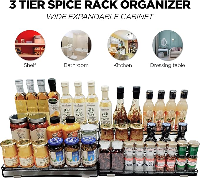 3 Tier Wide Expandable Cabinet Spice Rack Organizer (14.5" to 29.1") - Step Shelf with Protection Railing, Black | Wide, deep expandable spice rack for large spice jars, seasoning bottles, cans, and pantry organization.