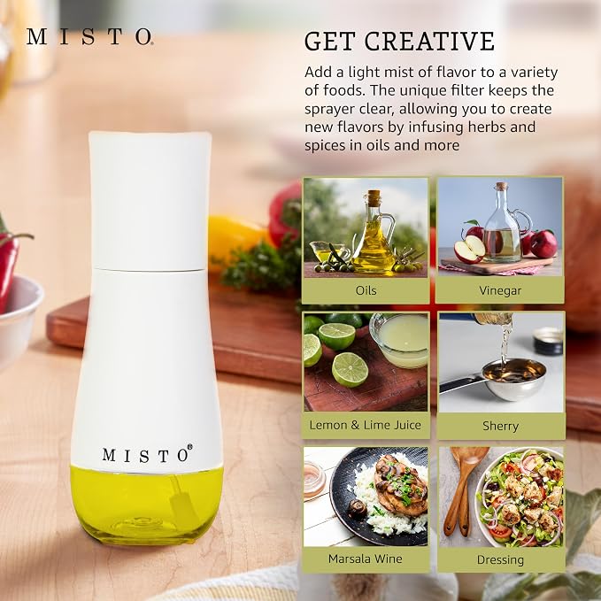 Misto Gourmet Olive Oil Sprayer for Cooking - Refillable Plastic Oil Mister Bottle for Kitchen, Salads, Grilling, Roasting, Air Fryer - White