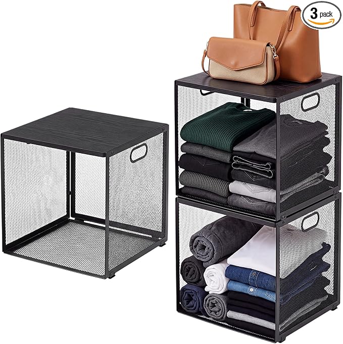 AceOrbit 3 Pcs Widened Stackable Closet Organizers and Storage with Wood Top Foldable Metal Cube Closet Shelf DIY Space Saving Linen Clothes Shoe Bed Sheet Bin for Wardrobe Bedroom(12"x12"x12", Black)