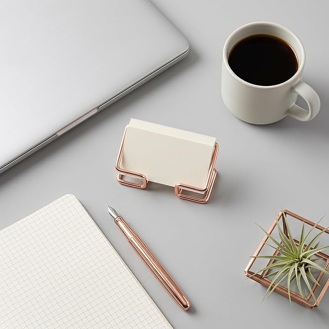 Desktop Business Card Holder, Sturdy Metal Name Card Display Stand for Office Reception, Work Desk, Exhibition Rose Gold