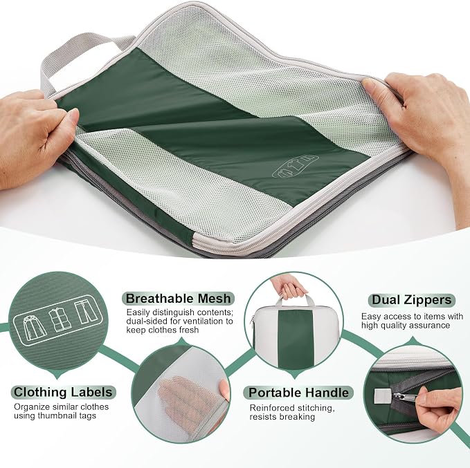 OlarHike 10 Set Compression Packing Cubes for Travel Essentials,Compressible Expandable Space Saver Bags for Organizing Clothes,Luggage Suitcase Garment Bags with Over 1000 pcs Mesh Holes(Dark Green)