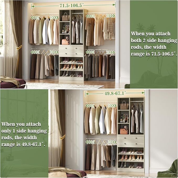 Besiost Closet System, 4.2–8.8 FT Closet Organizer with 2 Wooden Drawers and Shelves, Walk-in Closet System with 5 Hang Rods, Built-in Closet Tower, Can Fit 60 to 96 inch, Greige Oak