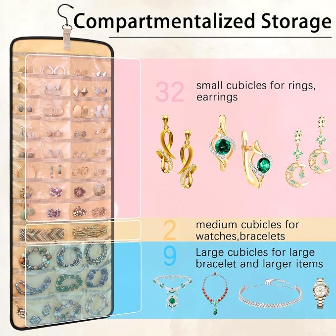 2 Pack Hanging Jewelry Organizer and Storage,Necklace Holder Anti-tangle Earrings Rings Hanger with 43 Pockets 21 Hooks,Double-Sided Jewelry Storage for Closet Door Wall