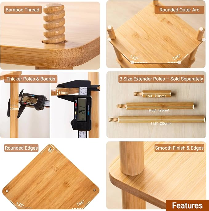 3-Tier Expandable Bamboo Corner Shelf - Dish/Plate Organizer for Cabinet, Kitchen Counter Shelf & Small Kitchen Shelf, Adjustable (Natural, 1-Pc 6.70" H)