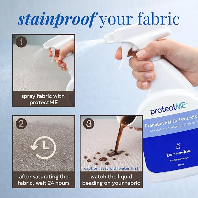 protectME Fabric Protector and Stain Resistant Spray - Upholstery Fabric Spray for Stain Guard for Carpet, Shoes, Couch, Sofa - Non Toxic, Water Based Furniture Protector - 84.5 Fl. Oz.