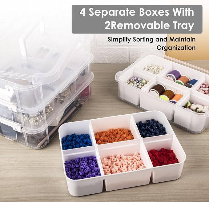 CraftGenes Sewing Storage Organizer, 4-Tier 10 Qt Box with 2 Trays, White | Clear Compartments; Dual Removable Inserts; Carry Handle; Side Latches; Thread, Bobbins, Needles, Beads, Notions