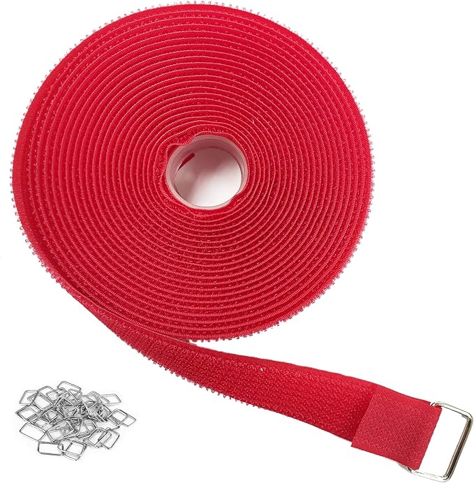YMCRLUX 1"x16ft Hook and Loop Straps with 25 Metal Buckles, Adjustable Fastening Cable Straps, Cut-to-Length Cinch Strap, Reusable Nylon Securing Cord Ties for Organizer or Storage, 1 inch Wide,Red