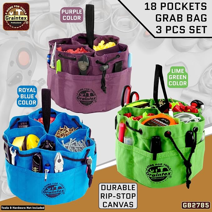 Graintex 18 Pocket Grab Bags Set of 3 Pcs Rip-Stop Canvas, Drawstring Closure, Small Parts Organizer Bag, Small Tools, Screws, Parts, Parachute Tool Bag, Parachute Tool Organizer for Essential Items