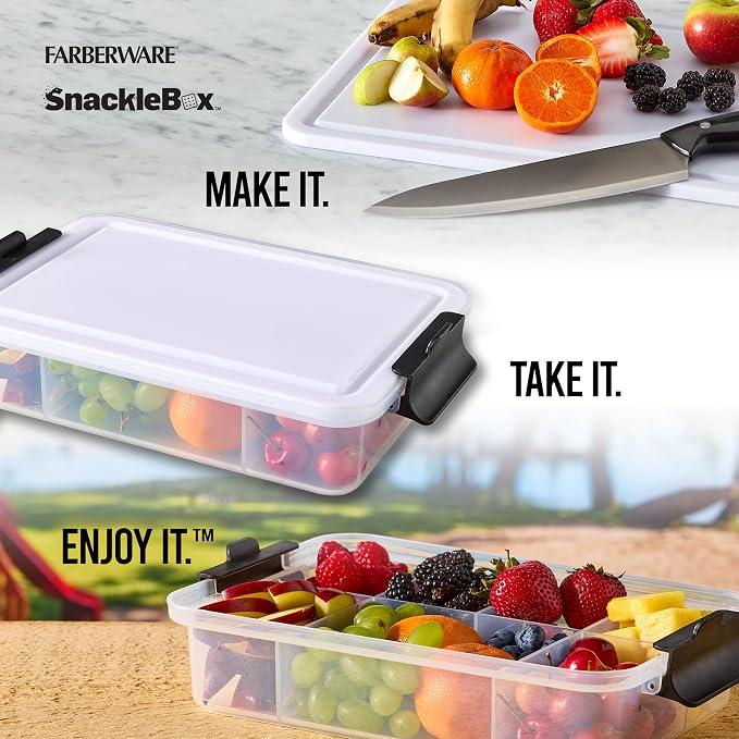 Farberware Snacklebox 7.8 x 12.7 Inch Plastic Cutting Board Lid with 7 Compartments and Locking Handles - Portable Snack Organizer for Charcuterie, Travel, Picnics, and On-the-Go Snacking