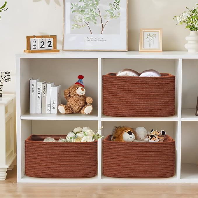 2 Pack Large Storage Basket for Organizing, 17.5"x13"x7" Woven Basket for Shelves, Closet Cube Storage Bins with Wrapped Handle, Cotton Rope Baskets for Kitchen, Clothes, Toys(Oxide Red)