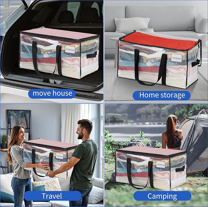 BAGAIL Heavy Duty Moving Bags with Strong Handle, Extra Large Moving Boxes, Storage Tote for Clothes, College Moving Supplies(Clear, 4 Pack)