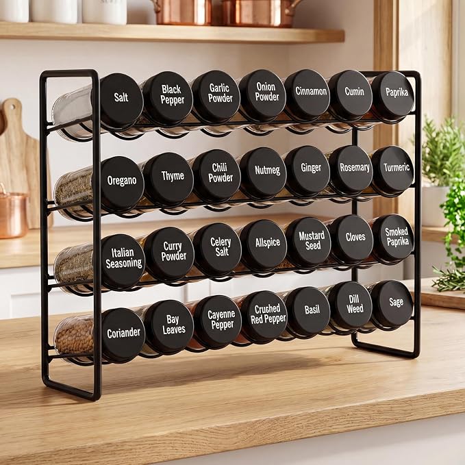 FoldTier Spice Rack Organizer with 28 Spice Glass Jars, 56 Labels, Funnel and Marker Set, Complete Countertop Seasoning Rack Organization for Cabinet, Kitchen Storage, Pantry, Cupboard(Black)