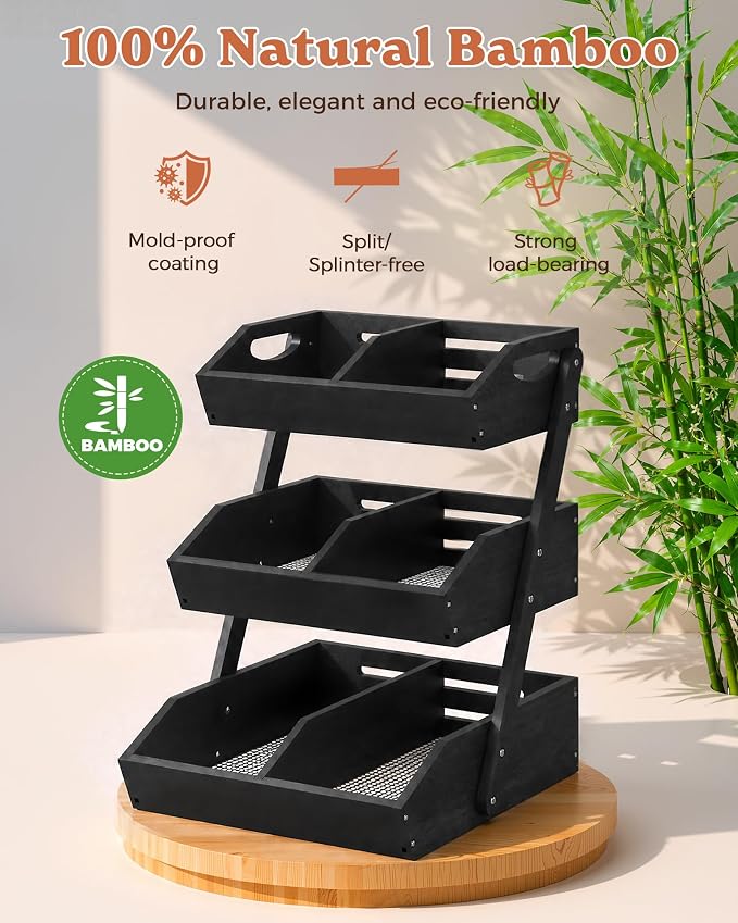 Sevenblue 3-Tier Bamboo Fruit Basket with 2 Banana Holders Black | Large tiered organizer for bread, snacks, veggies. Sturdy bamboo, includes mats & dividers. Easy to assemble.