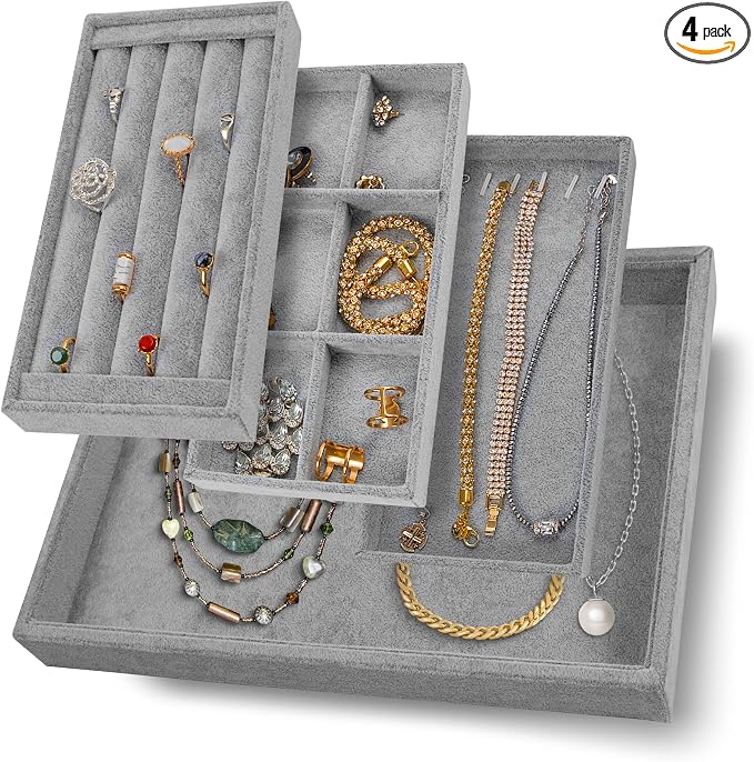 Jewelry Drawer Organizer, Jewelry Organizer For Drawer, Box Divider Inserts | Houseables Velvet Tray, Box Inserts, Flat Stackable Trays, Earring, Ring, Necklace, Bracelet, Display, Vanity Dresser, Safe