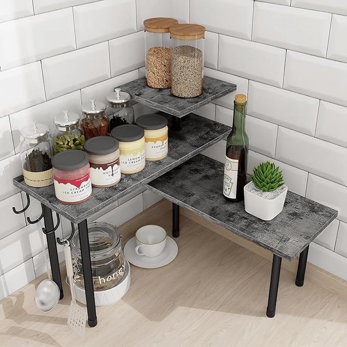 Homode Kitchen Countertop Organizer, 3 Tier Corner Shelf Bathroom Counter Organizer, Wooden Counter Shelf Stand Space Saver, Easy Assembly, Rustic Grey