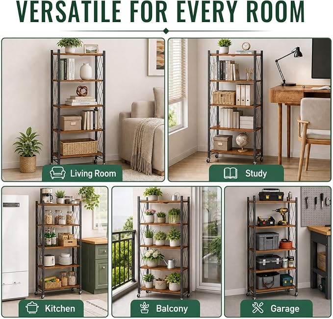 black leopard 5-Tier Foldable Shelf with Wheels, Wood-Grain Steel Shelves | Pre-assembled frame unfolds in seconds with tool-free wheel setup for fast, convenient use.