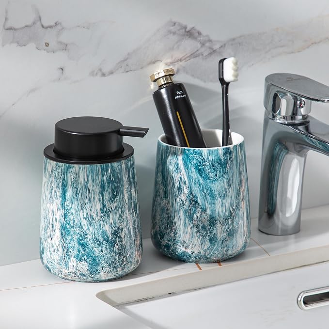 Enra Ceramic Foam Soap Dispenser, 12 oz Blue Foaming Soap Dispenser for Bathroom & Kitchen with Easy-to-Press Silver Pump（Blue Foam Type）