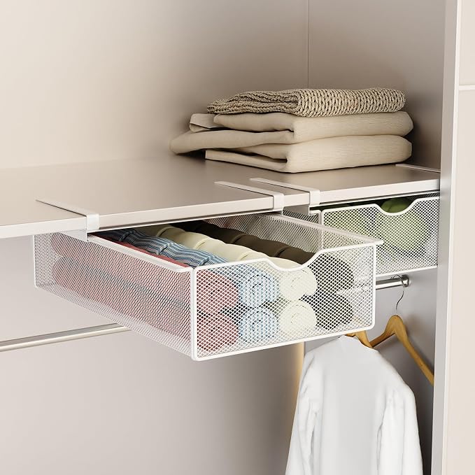 2 Pack Closet Pull-Out Baskets Bra Underwear and Sock Organizer for Drawer Women College Dorm Room Essentials (White)