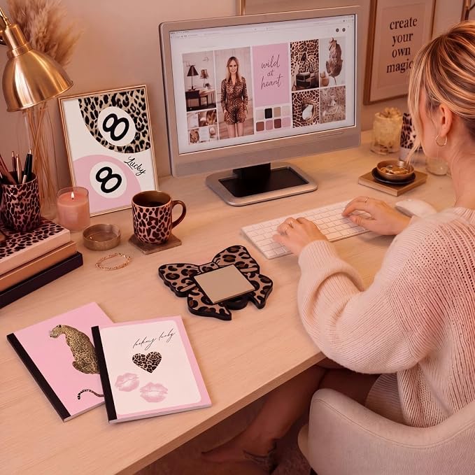Leopard Bow Sticky Note Holder Large Wood Notepad Dispenser 3 x 3 Sticky Notes Organizer Cute Self Stick Memo Pad Holder for Desk Office Back to School Gift, No Pads Included