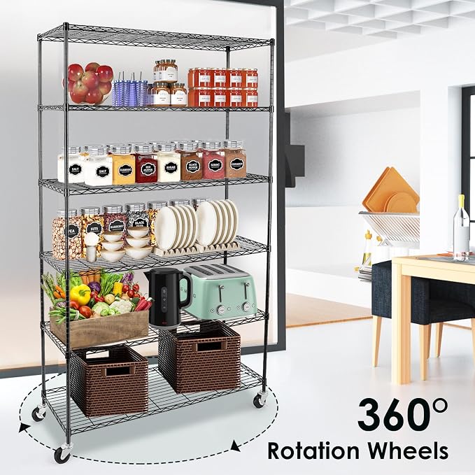 WDT 6 Tier Shelf Shelving Unit with Wheels,Adjustable Metal Shelves for Storage, NSF Black Wire Shelving Rack, 2100Lbs Capacity Heavy Duty Shelving Storage Shelves for Kitchen Garage,47" Dx17 Wx80 H