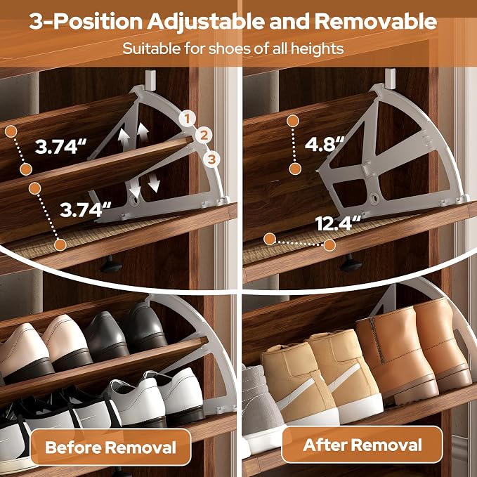 knoworld 63" Wood Rattan Shoe Storage Cabinet for Entryway, Walnut | Slim Hidden Shoe Cabinet, Narrow Shoe Organizer Cabinet with 4 Flip Drawers, 3-Tier Shelves for Hallway Foye Entrance