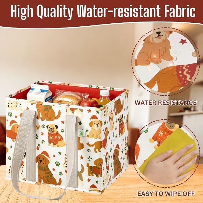 VENO 3 Pack Reusable Grocery Bags, Shopping Bags for Groceries, Tote with Handles and Hard Bottom, Foldable Shopping Cart Organizer, Water Resistant, Heavy-Duty (Holiday Pups, 6 Gallon)