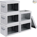 Homsorout Storage Box with Lids - 5 Pack Foldable Clear Window Storage Bins, Large Decorative Storage Bins with Handles, Storage Containers for Clothes, Towel, Blanket, Sheet, Light Grey