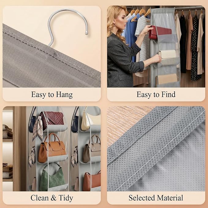 4-Pack Hanging Purse Organizer for Closet, Purse Storage Holder with 8 Clear PVC Pockets, Space Saving Handbag Hanger for Wardrobe Door Wall, Foldable Non-Woven Fabric, Gray