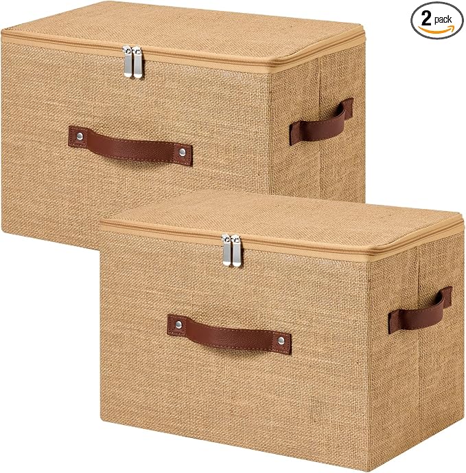 2PCS Storage Bins Box with Zippered Lid Decorative Fabric Basket | Natural Jute, Foldable Washable Stackable Lidded Container, Shelf Closet Organizer, w/ PU Leather Handles & PP Boards, Large