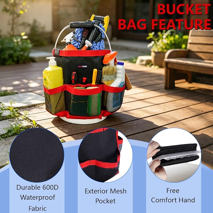 MELOTOUGH Bucket Tool Organizer Car Wash for Garden | Multiple Compartments, Fit 3.5-5 Gal Buckets, Durable Mesh Pockets, Water-Resistant, Easy To Carry, Car Washing
