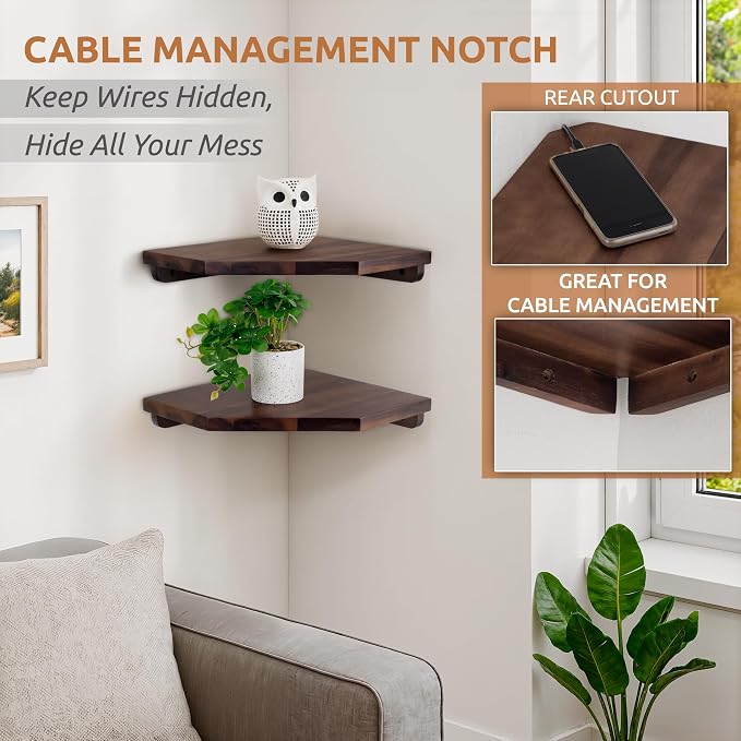 Demigo Hexagon Corner Floating Shelves, 2-Pack Acacia Wood Wall Shelf | Upgraded Wall Mounted Storage with Hidden Brackets, Modern Space-Saving Shelves for Bedroom Living Room Office Kitchen