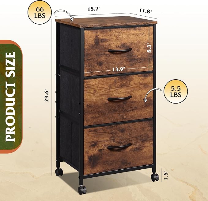 WLIVE Dresser with 3 Drawers, Fabric Nightstand, Cabinet with Wheels, Organizer Storage Dresser for Bedroom, Office, Closets, Sturdy Steel Frame, Easy Pull Handle, Rustic Brown Wood Grain Print