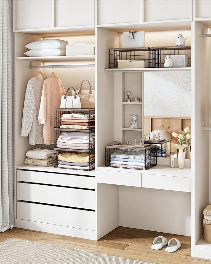 CHOEZON 3-Tier Stackable Closet Organizers and Storage, Closet Shelves Storage Bin Baskets with Wooden Upper Surface, Clothes Storage Cubes for Wardrobe and Closet Organization, Greige and Black